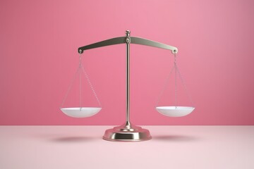 Wall Mural - traditional balance scale against a monochrome backdrop. classic scales of justice on pink backgroun