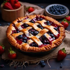 Strawberry and blueberry tart on wooden table