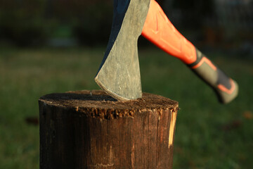 Wall Mural - Metal axe in wooden log outdoors, closeup