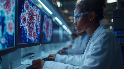 Advanced Medical Science Laboratory: Medical Scientist Working on Personal Computer with Screen Showing Virus Analysis Software User Interface. Scientists Developing Vaccine, Drugs and Antibiotics