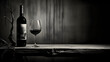 Black and White Vinous Bliss - Wine Bottle and Glass in a Rustic Setting