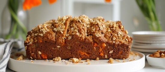 Wall Mural - A close-up view of a vegan banana carrot cake resting on a white plate. The cake is topped with nutty oats, giving it a wholesome and delicious appearance.