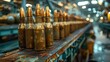 Many of new artillery shells are in military warehouse, metal munition in storage of weapons factory closeup. Concept of war, background, equipment, supply, production