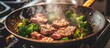 A wok filled with sizzling steak and fresh broccoli cooking on a stove. The meat is being seared to perfection while the broccoli is slowly steaming, creating a delicious aroma in the kitchen.
