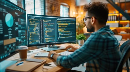 A focused software developer codes on a dual monitor setup in a modern office environment with a minimalist aesthetic. AIG41