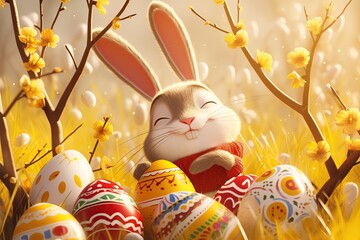 Wall Mural - A cheerful Easter bunny in a knitted sweater smiles, pleased with the onset of spring and Easter among the flowering branches. There are large painted Easter eggs lying around. Happy Easter concept