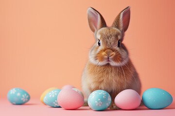 Wall Mural - A cute Easter bunny poses in a studio against a pale peach-colored background with painted Easter eggs nearby. Place for text. Happy Easter concept
