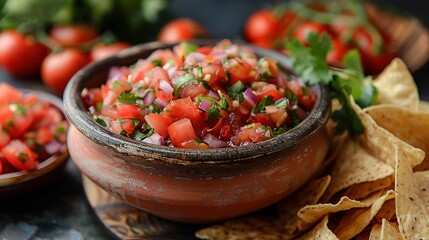 Wall Mural - Red tomato spicy salsa with chips served with corn tortilla chips