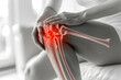 A woman sits in discomfort, holding her knee with a digital red overlay indicating joint pain or possible injury