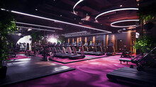 A Gym Interior With A Music Festival Atmosphere, Featuring Stage-inspired Workout Areas And Live DJ Sessions.