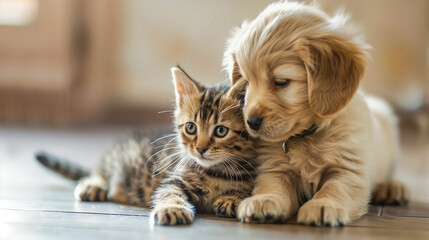 A heartfelt moment between a puppy and a kitten enveloped in a soft beige blanket.