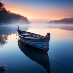 Sticker - A tranquil scene of a boat on a calm lake at dawn.