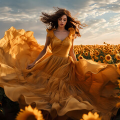 Wall Mural - A woman wearing a flowing dress in a sunflower field