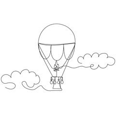 Wall Mural - Hot air balloon floating among clouds in continuous line art style. Simple vector illustration