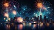 Beautiful blue fireworks display on bright busy city skyline background at night background from Generative AI