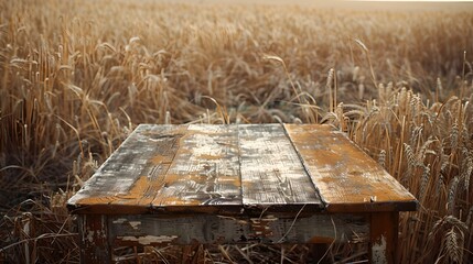 Canvas Print - An old wooden table amidst golden wheat field at sunset. a rustic scene of simplicity and nature's beauty. serene outdoor backdrop. AI