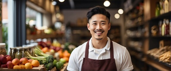 Wall Mural - Small business owner young asian man at whole bulk food store smiling looking at camera from Generative AI