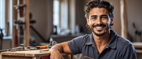 Young attractive charming italian man carpenter repair man smiling looking at camera from Generative AI