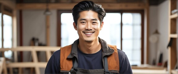 Young attractive charming korean man carpenter repair man smiling looking at camera from Generative AI