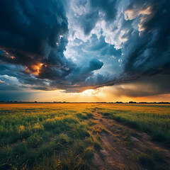 Wall Mural - Dramatic clouds over an open field. 