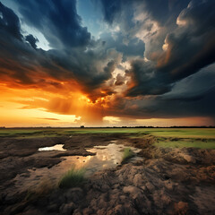 Canvas Print - Dramatic clouds over an open field. 