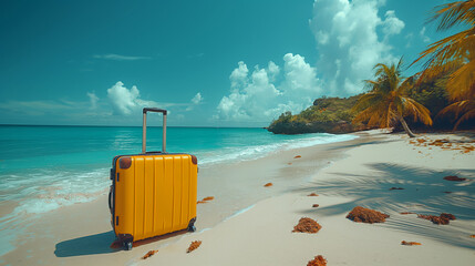 yellow luggage suitcase on the beautiful beach with white sand. vacation on beautiful white beach. 3