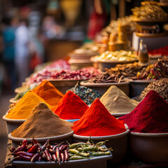 Canvas Print - Rows of colorful spices in a market.