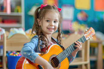 Canvas Print - Cheerful kid playing guitar in kindergarten classroom