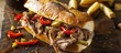 A detailed view of a delicious Chicago Italian Beef sandwich, bursting with savory flavors and accompanied by a side of juicy au jus, on a wooden cutting board.