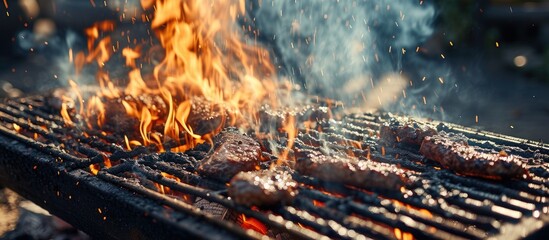 Wall Mural - This close-up view showcases a grill with various types of food sizzling over a barbecue fire. The flames lick the meat and vegetables, creating a mouth-watering image of cooking in progress.