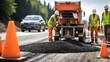 Efficient teamwork in action as road construction workers lay and level hot asphalt gravel for road surface repair Generative AI