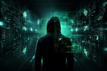 Hacker in front of computer screen with binary code on dark background