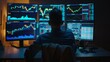 © Beyonder - Man Engaged in Virtual Trading amidst Glowing Market Graphs. A trader immersed in a virtual reality simulation of live market analytics, hands raised to navigate the digital interface. Bull Run.