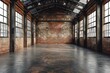 Industrial loft style empty old warehouse interior,brick wall,concrete floor and black steel roof structure