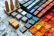 interior design materials and color samples with floor plan blueprint