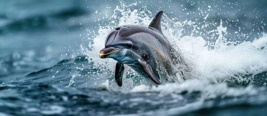 A bottlenose dolphin gracefully leaps out of the water with its body fully exposed, showcasing its sleek form and powerful movements against the clear blue sky.