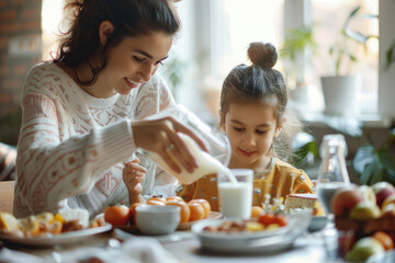 mother feeds her daughter during breakfast at dining table