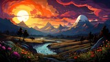 Fototapeta Londyn - psychedelic art landscape with sunset and mountains, sky, flower field, hippie illustrations with clouds, waves and sun rays, vector background