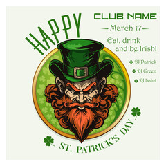 Angry leprechaun on vintage St. Patrick's Day poster. Eat, drink and be Irish. March 17. Vector illustration