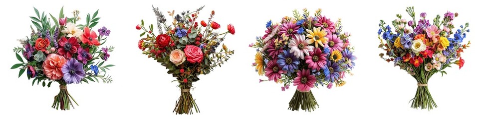 Wall Mural - set of bouquets of different flowers isolated on transparent background
