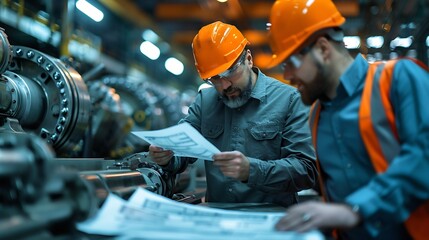 Poster - Generative AI : Engineer consulting with foreman in modern industrial factory