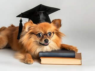 Poster - Generative AI : Graduated Puppy dog pomeranian in bachelor hat lying on a white background 