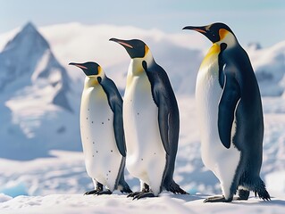 Wall Mural - Generative AI : king penguins on South Georgia Island Antarctica, sky and ice mountain background