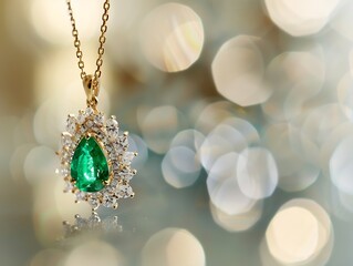 Wall Mural - Generative AI : emerald jewelry with diamonds in gold necklace