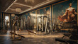 A gym with a Greek mythology theme, featuring workouts inspired by ancient Greek gods and mythology decor.