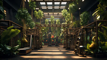 A Gym With A Jungle Theme, Using Lush Foliage And Monkey Bars For A Unique Workout Experience.