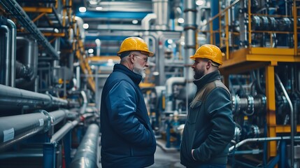 Poster - Generative AI : Engineer consulting with foreman in modern industrial factory