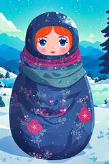 Russian Matryoshka doll walking in the nature , winter forest with snow in the background, generative AI