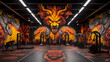 A gym with a mythical creatures theme, featuring workouts inspired by legendary creatures and mythical decor.