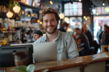 Wall Mural - Young Male start-up entrepreneur, happy and smiling, working on a computer in the middle of a busy coffee shop with people in the background